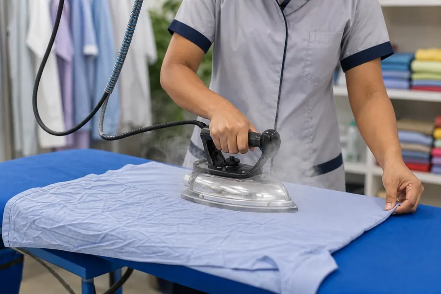 Professional steam ironing process for shirts and sarees at Madras Ironing Company